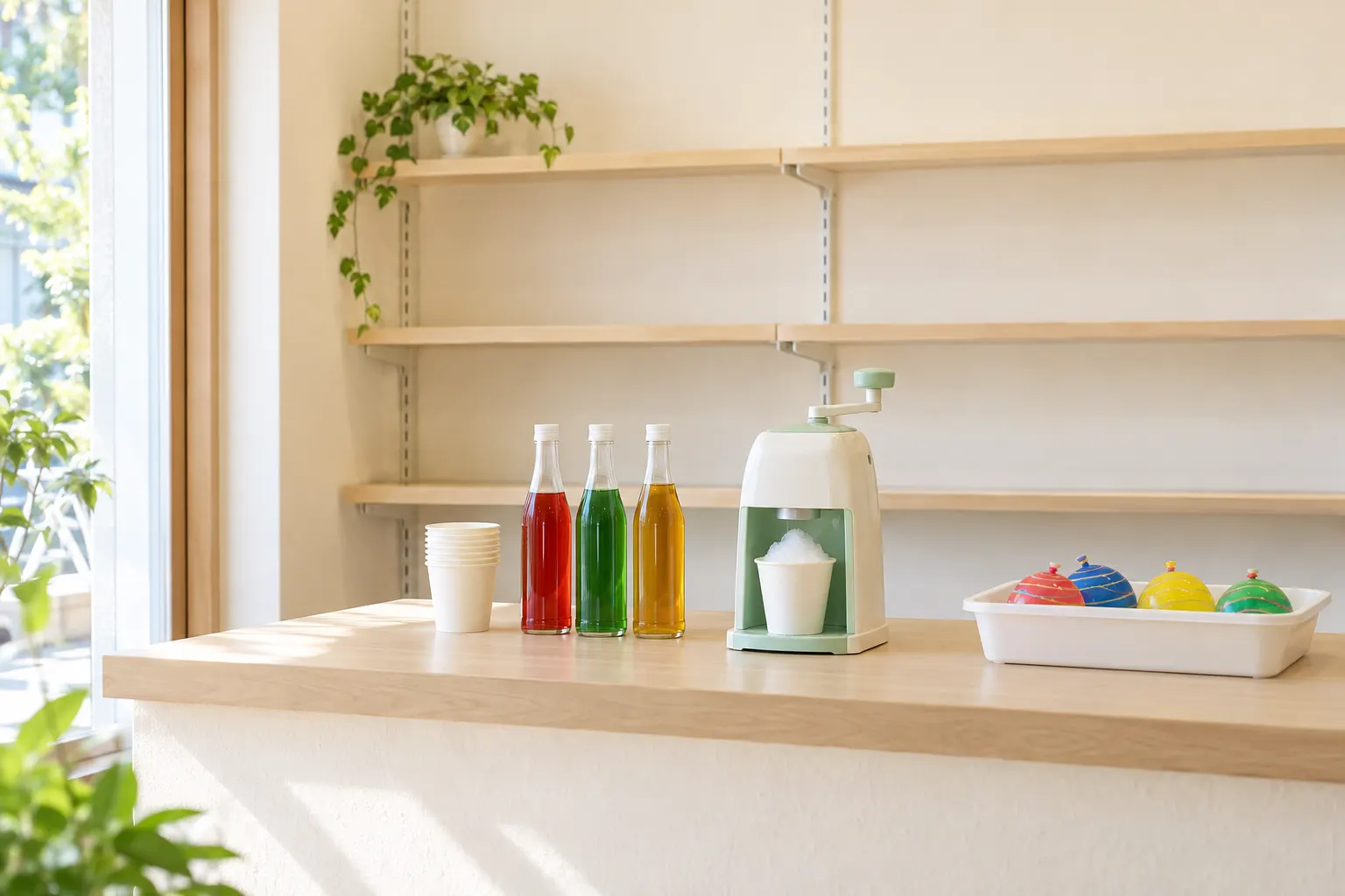 小さなかき氷器・シロップ・紙カップ・水ヨーヨーを並べた、縁日・模擬店用品の売り場