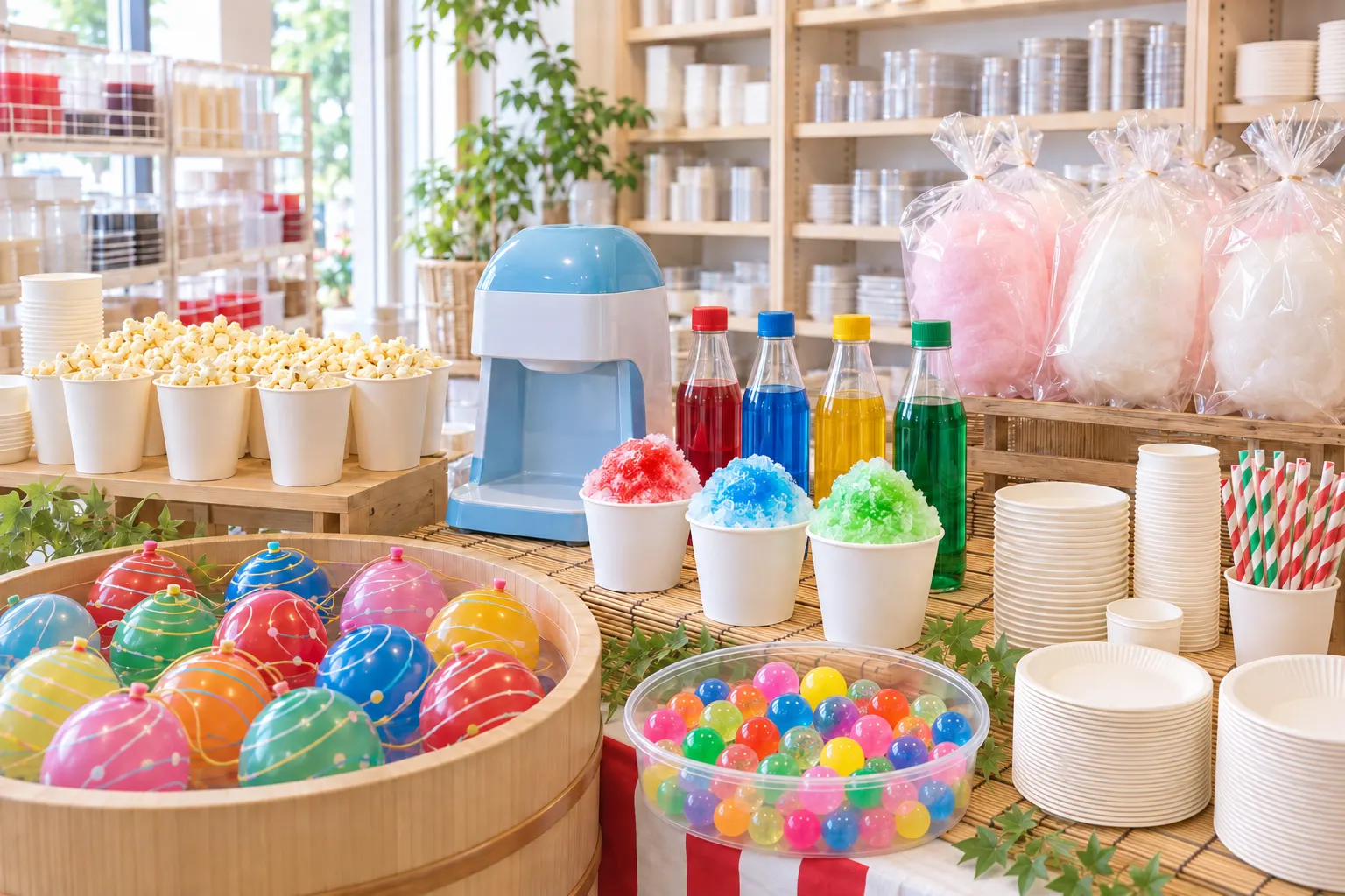ポップコーンカップやかき氷のシロップなど、縁日・模擬店の用品が並ぶ売り場