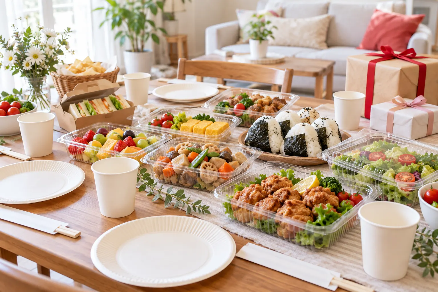 紙皿・紙コップ・フードパックを並べた家庭のパーティーの食卓