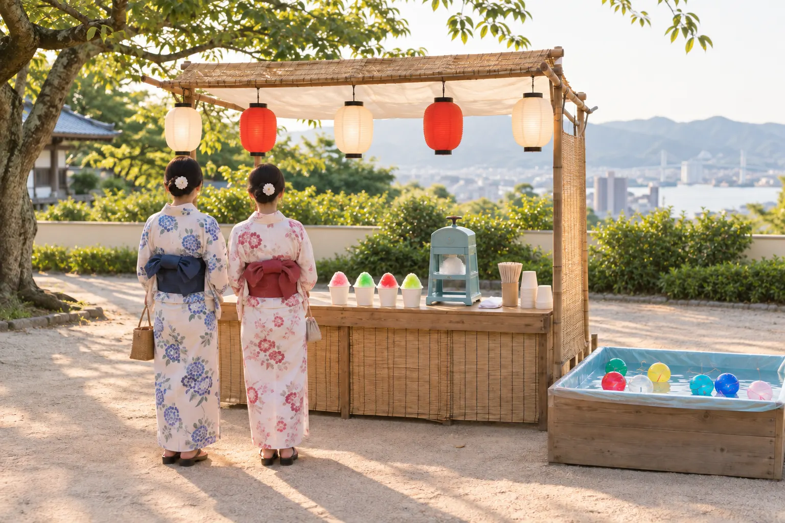 提灯を下げた縁日の屋台。紙カップのかき氷と小さなかき氷器、ヨーヨー釣りのプール
