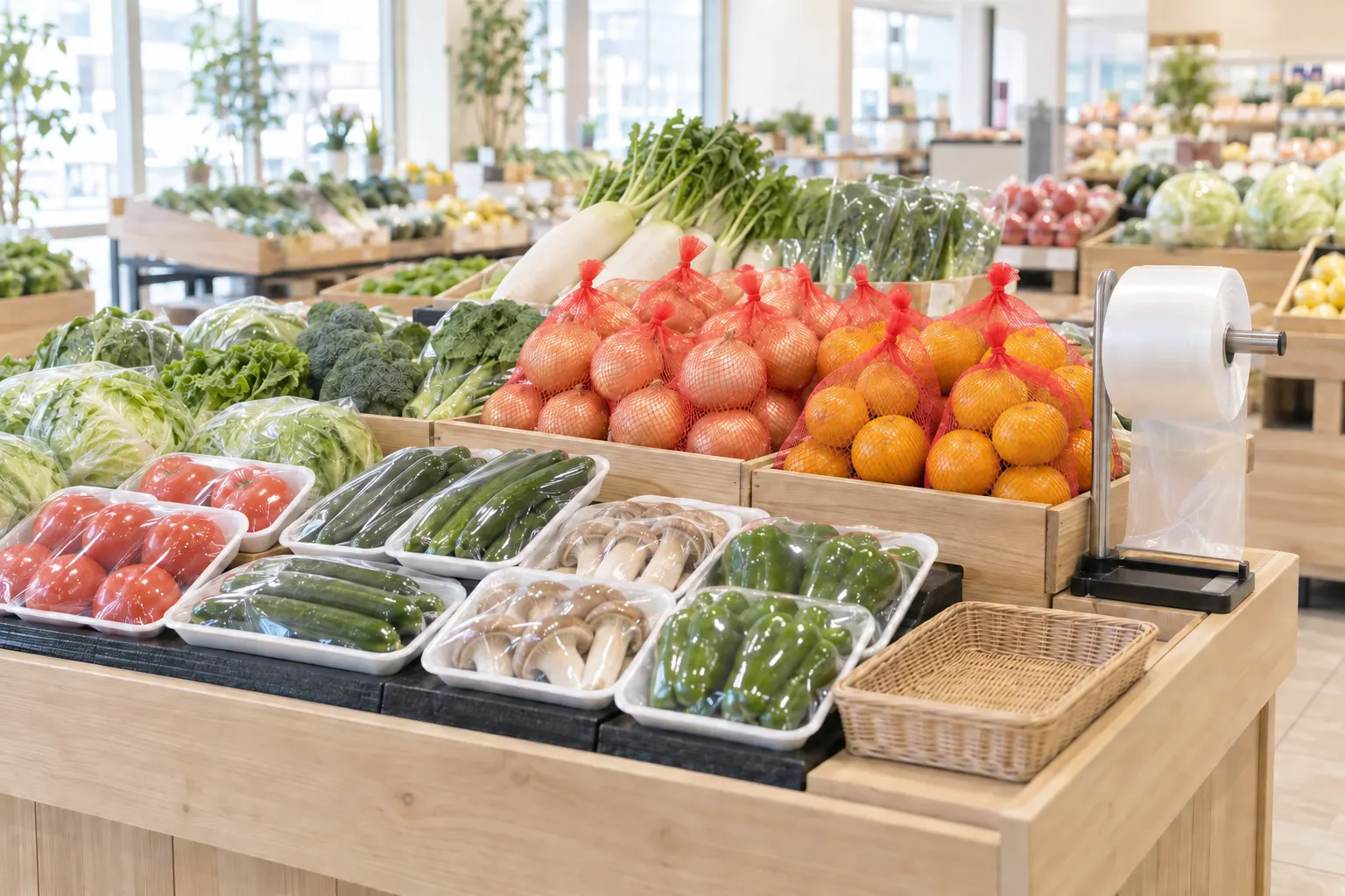 トレーに載せてラップをかけた野菜と、ネットに入れた玉ねぎやみかんが並ぶ青果売り場