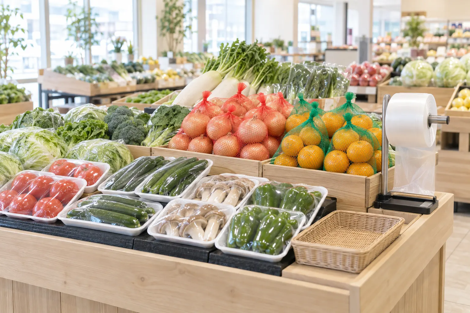 トレーに載せてラップをかけた野菜と、ネットに入れた玉ねぎやみかんが並ぶ青果売り場