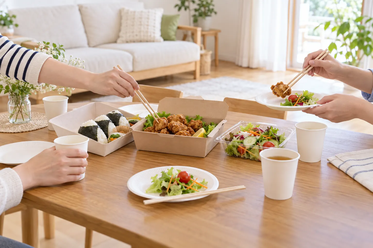 紙皿・紙コップ・フードパックに料理を盛った家庭のパーティーの食卓
