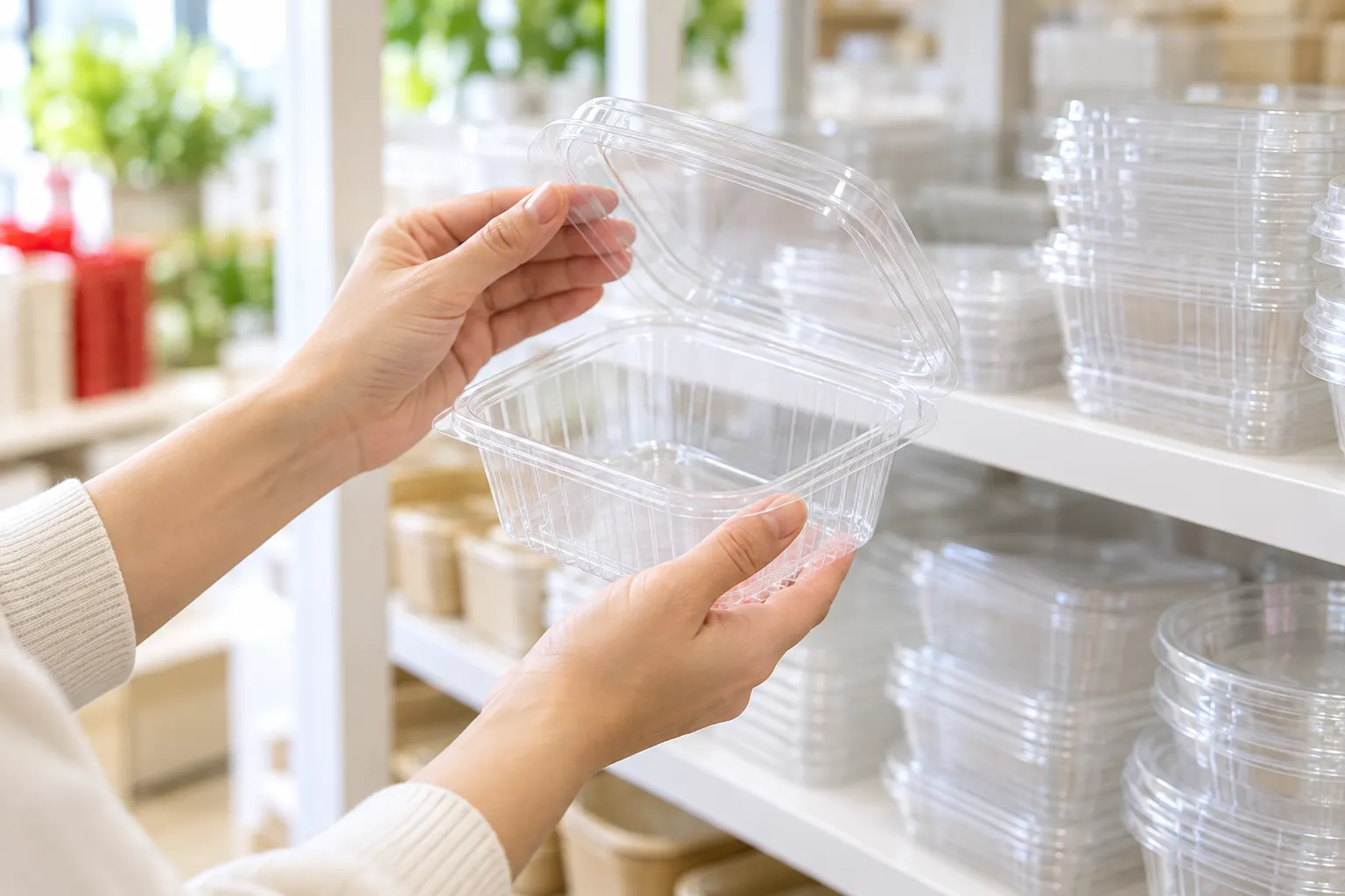 棚の容器を手に取って大きさを確かめている手元
